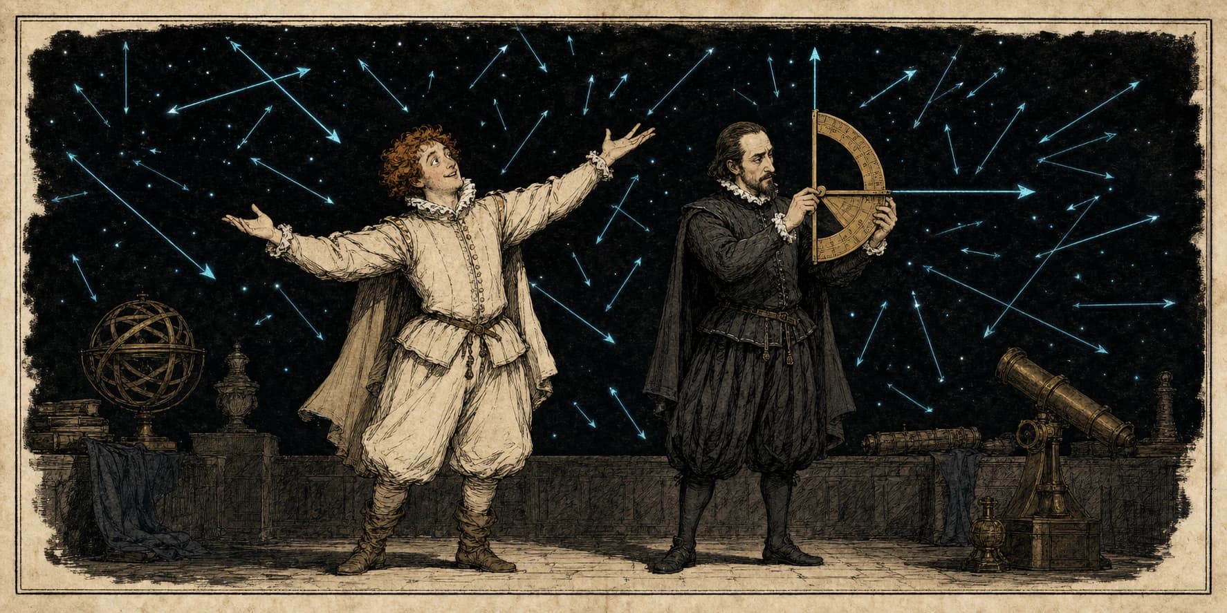 Rosencrantz presents a field of cyan arrows while Guildenstern prepares to measure them.