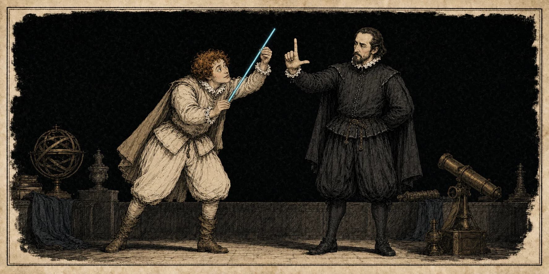 Guildenstern forms an L with his fingers while Rosencrantz tries to place a third glowing line between them.