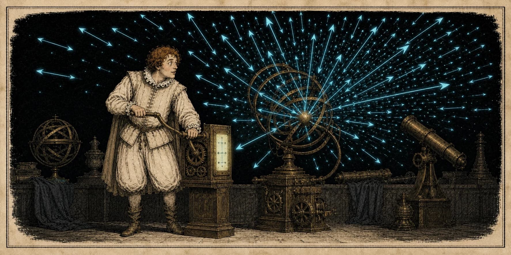 Rosencrantz stands alone at a brass apparatus as cyan vector arrows multiply across the dark stage.