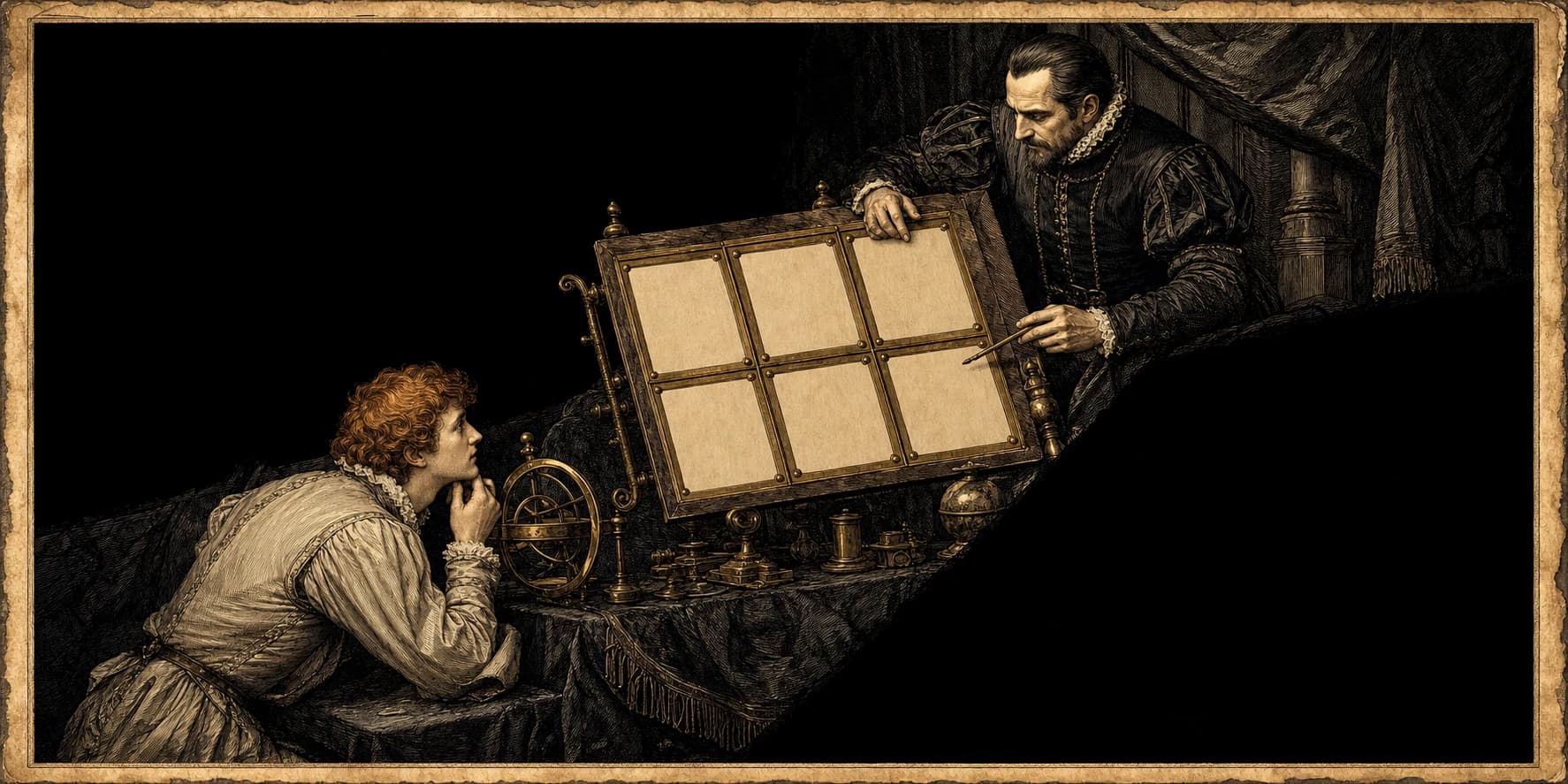 Guildenstern questions Rosencrantz as six numbered boxes appear on a shared theatrical board.