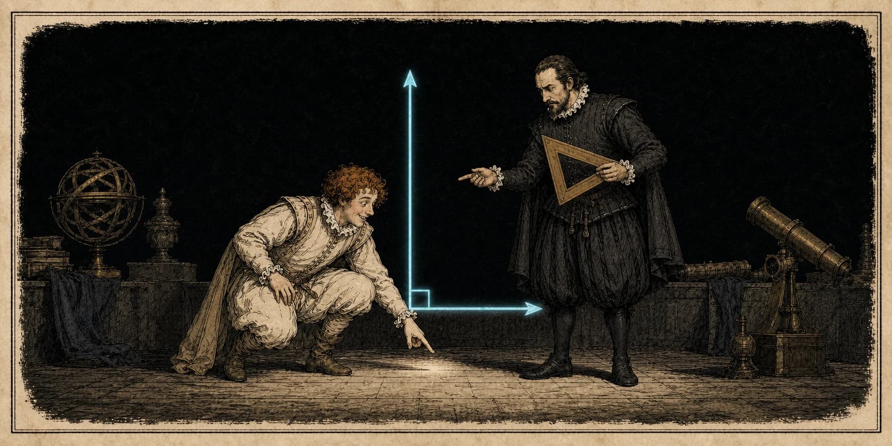 Rosencrantz and Guildenstern examine two luminous lines meeting at a right angle.